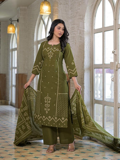 Olive Green Cotton Panel Printed Kurta Set with Mirror Handwork and Dupatta