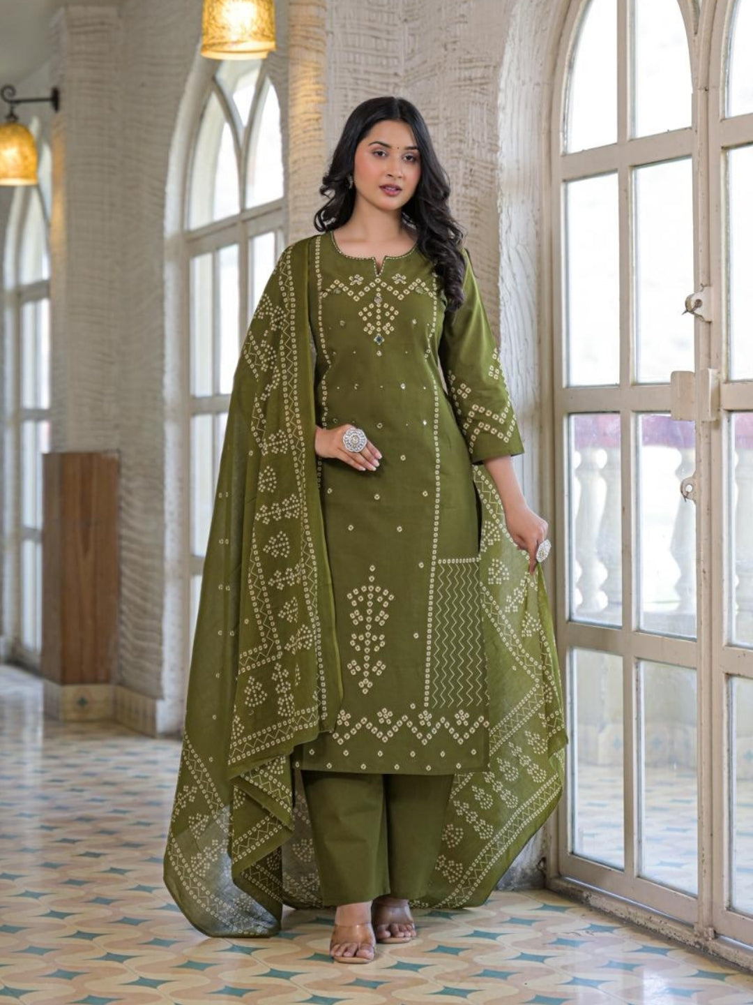 Olive Green Cotton Panel Printed Kurta Set with Mirror Handwork and Dupatta