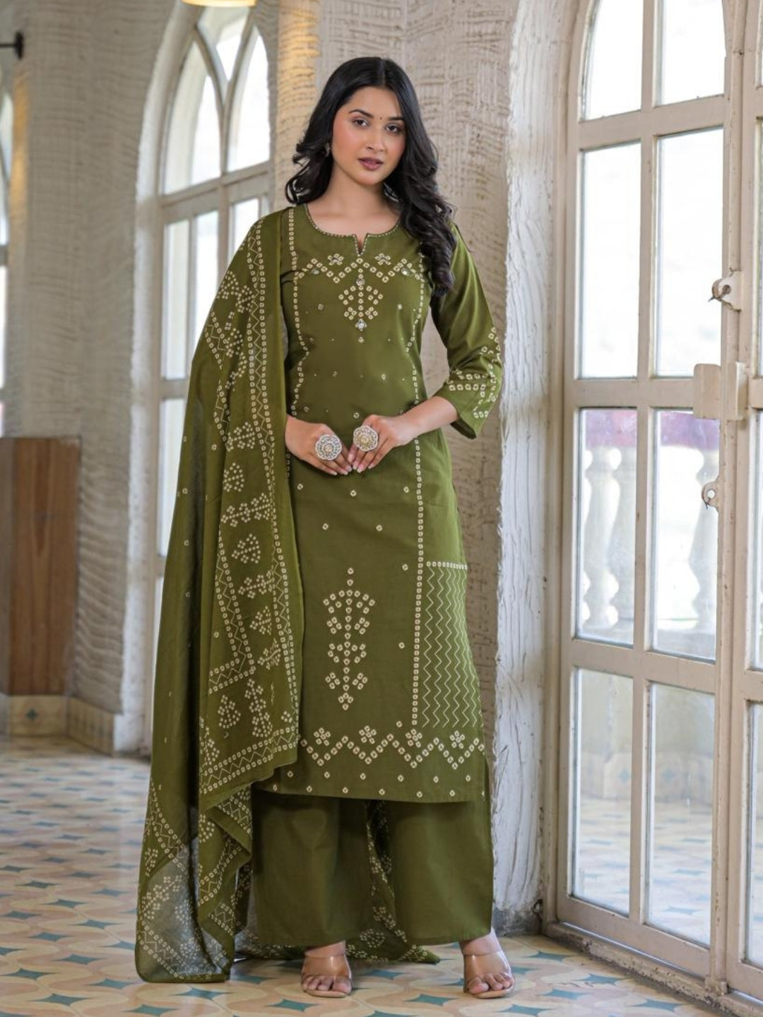 Olive Green Cotton Panel Printed Kurta Set with Mirror Handwork and Dupatta