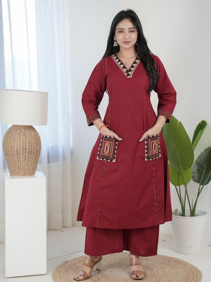 Maroon Dabu Cotton A-Line Kurta Set with Embroidered Pockets
