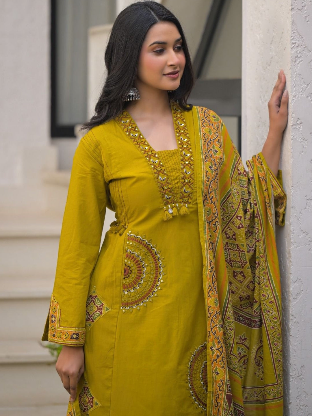 Mustard Yellow Pure Cotton A-Line Kurta Set with Applique Work and Mirror Embroidery