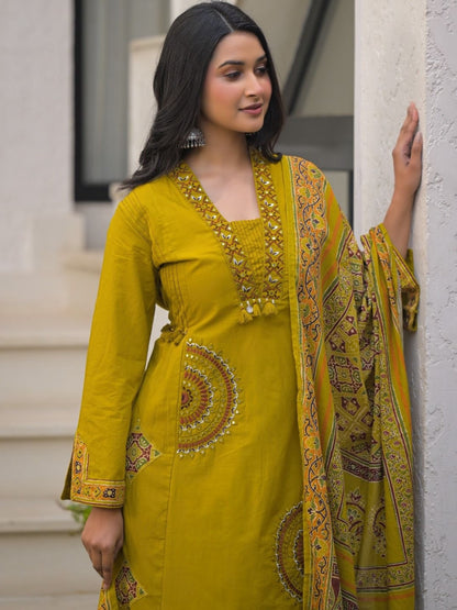 Mustard Yellow Pure Cotton A-Line Kurta Set with Applique Work and Mirror Embroidery