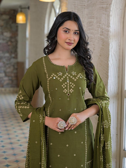 Olive Green Cotton Panel Printed Kurta Set with Mirror Handwork and Dupatta
