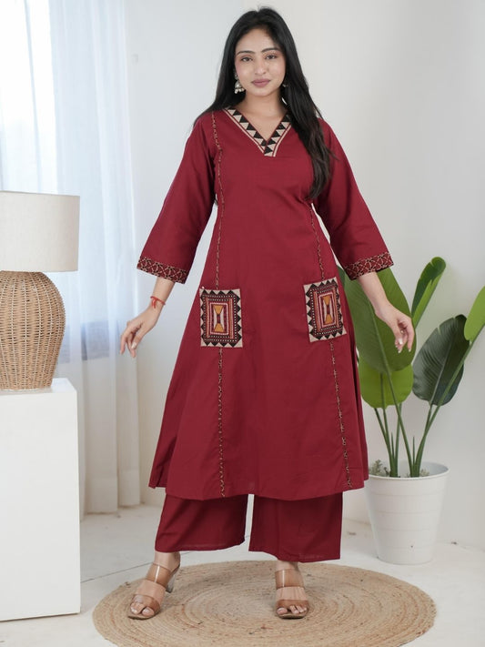 Maroon Dabu Cotton A-Line Kurta Set with Embroidered Pockets
