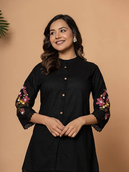 Black Pure Cotton Kurta Pant Set with Floral Embroidery