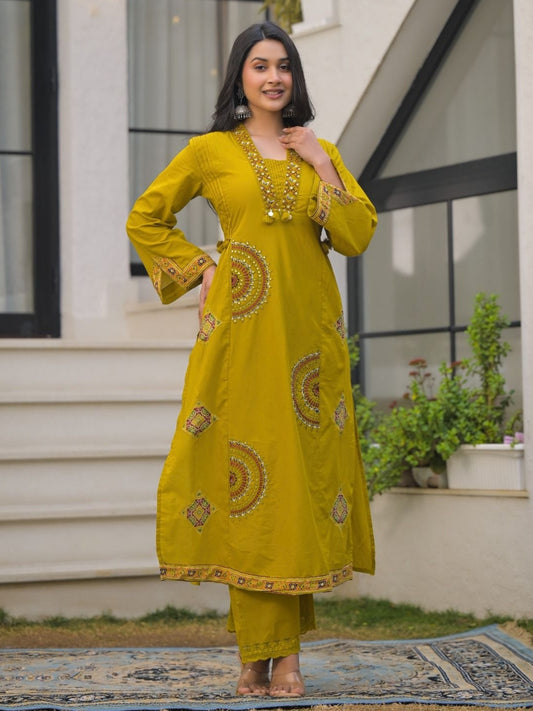 Mustard Yellow Pure Cotton A-Line Kurta Set with Applique Work and Mirror Embroidery