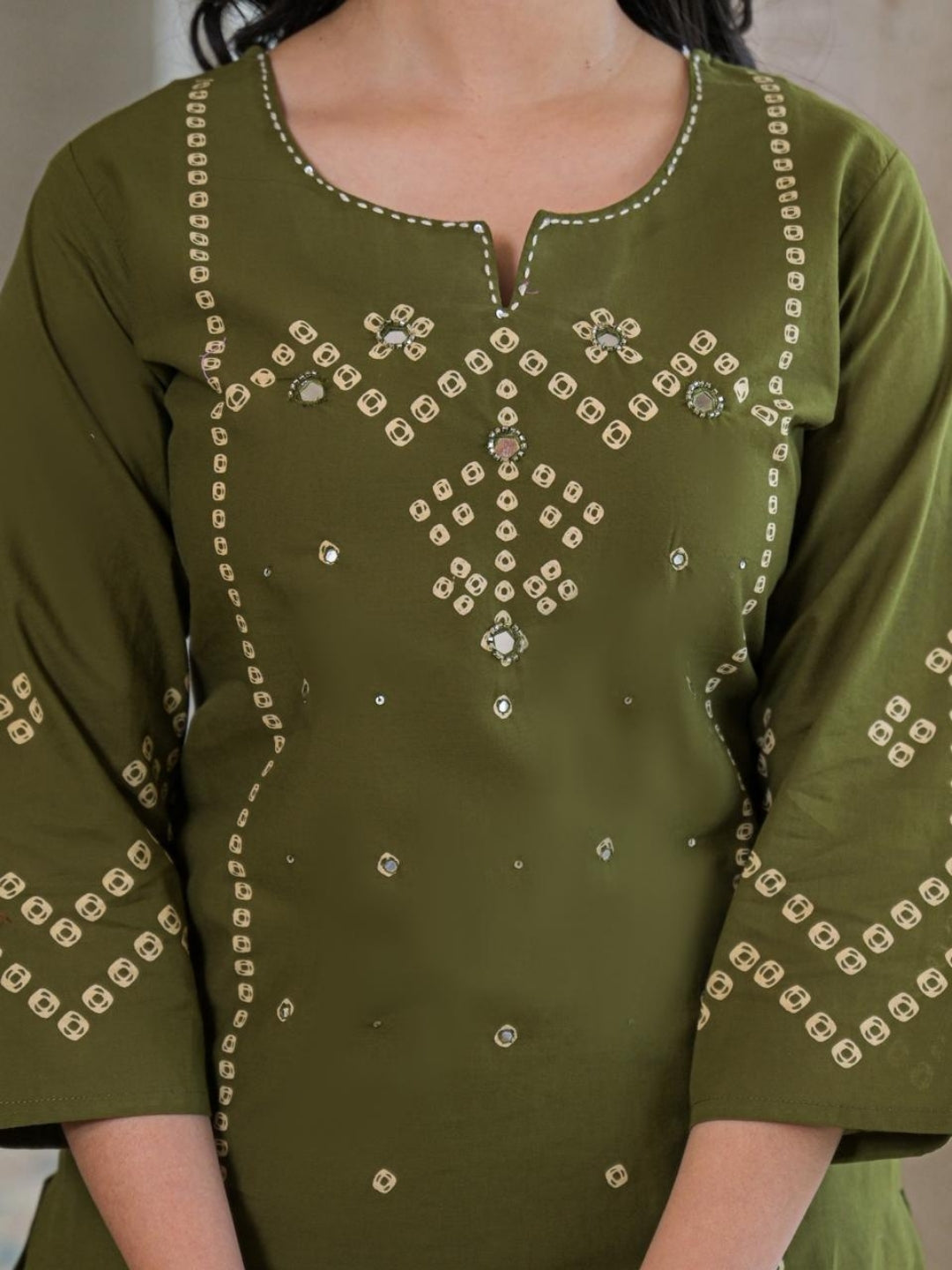 Olive Green Cotton Panel Printed Kurta Set with Mirror Handwork and Dupatta