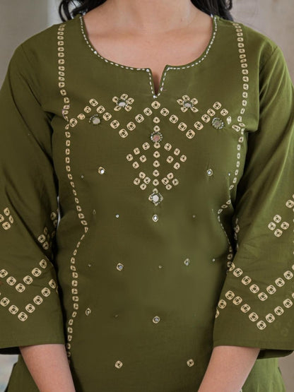Olive Green Cotton Panel Printed Kurta Set with Mirror Handwork and Dupatta