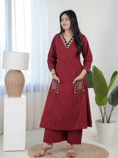 Maroon Dabu Cotton A-Line Kurta Set with Embroidered Pockets