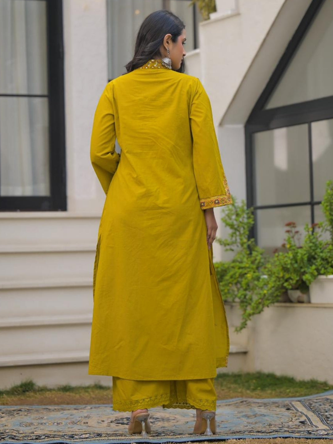 Mustard Yellow Pure Cotton A-Line Kurta Set with Applique Work and Mirror Embroidery