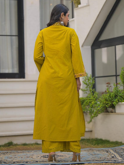 Mustard Yellow Pure Cotton A-Line Kurta Set with Applique Work and Mirror Embroidery