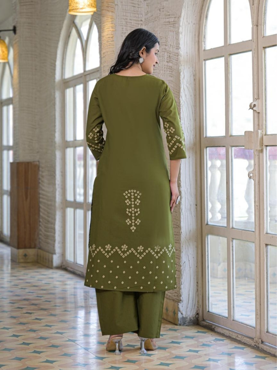 Olive Green Cotton Panel Printed Kurta Set with Mirror Handwork and Dupatta