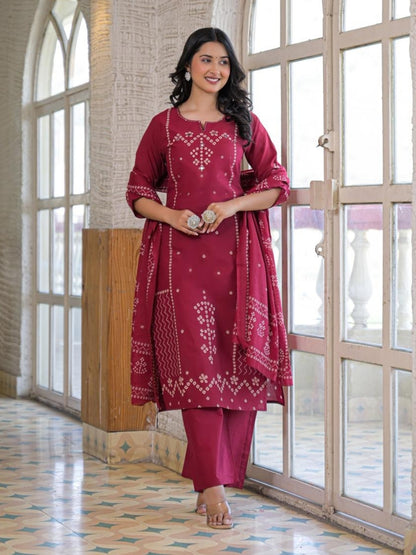 Wine Red Cotton Panel Printed Kurta Set with Mirror Handwork and Dupatta