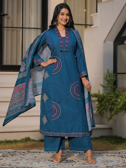Deep Teal Blue Pure Cotton A-Line Kurta Set with Applique Work and Mirror Embroidery