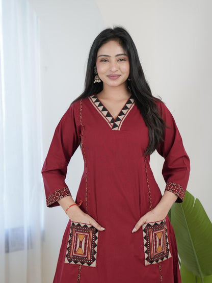 Maroon Dabu Cotton A-Line Kurta Set with Embroidered Pockets