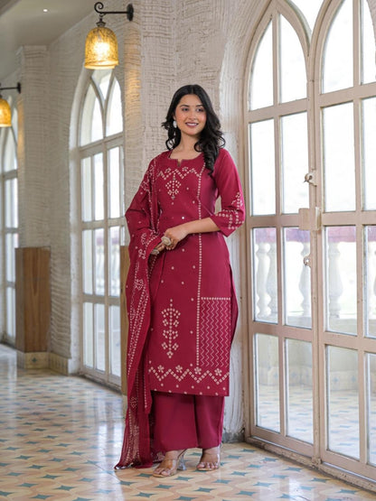 Wine Red Cotton Panel Printed Kurta Set with Mirror Handwork and Dupatta