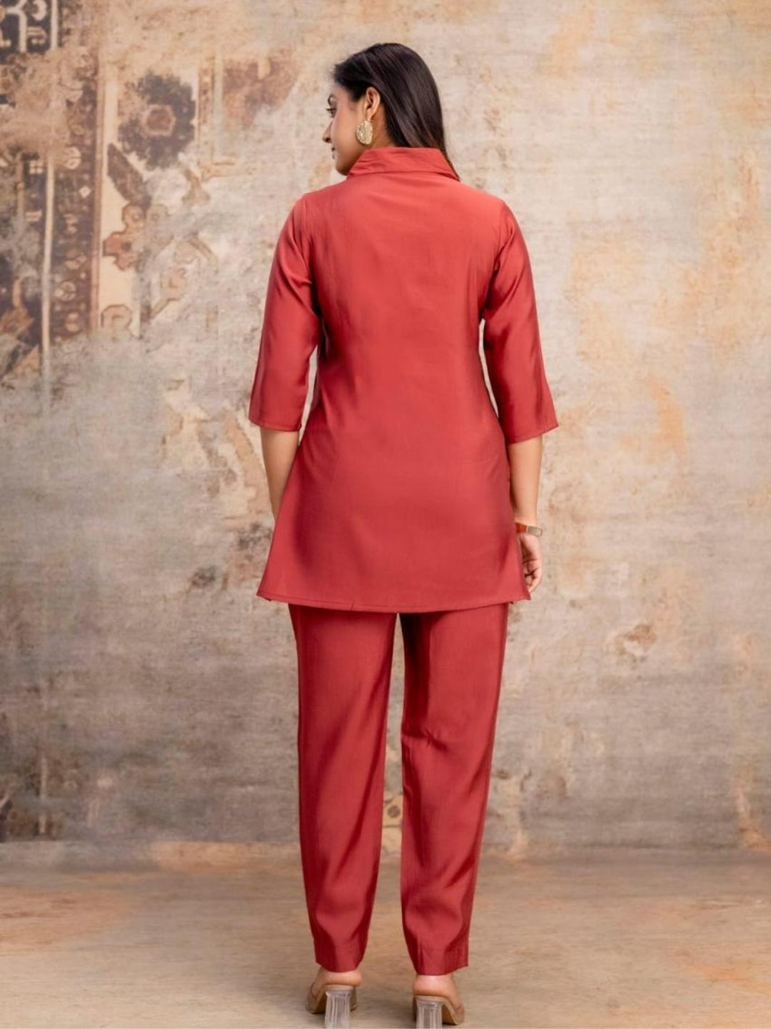 Brick Red Roman Silk Kurta Pant Set with Handcrafted Floral Embroidery