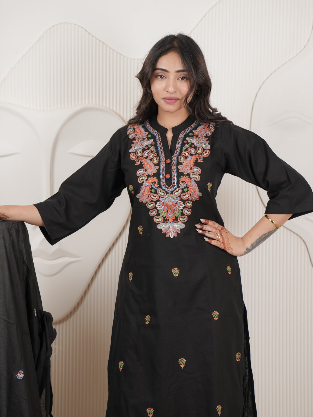 Black Embroidered Cotton Flex Kurta Palazzo Set with Dupatta