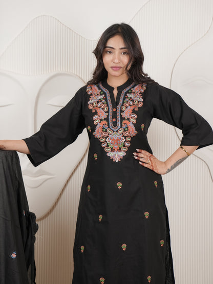 Black Embroidered Cotton Flex Kurta Palazzo Set with Dupatta