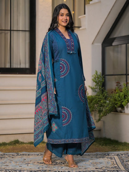 Deep Teal Blue Pure Cotton A-Line Kurta Set with Applique Work and Mirror Embroidery
