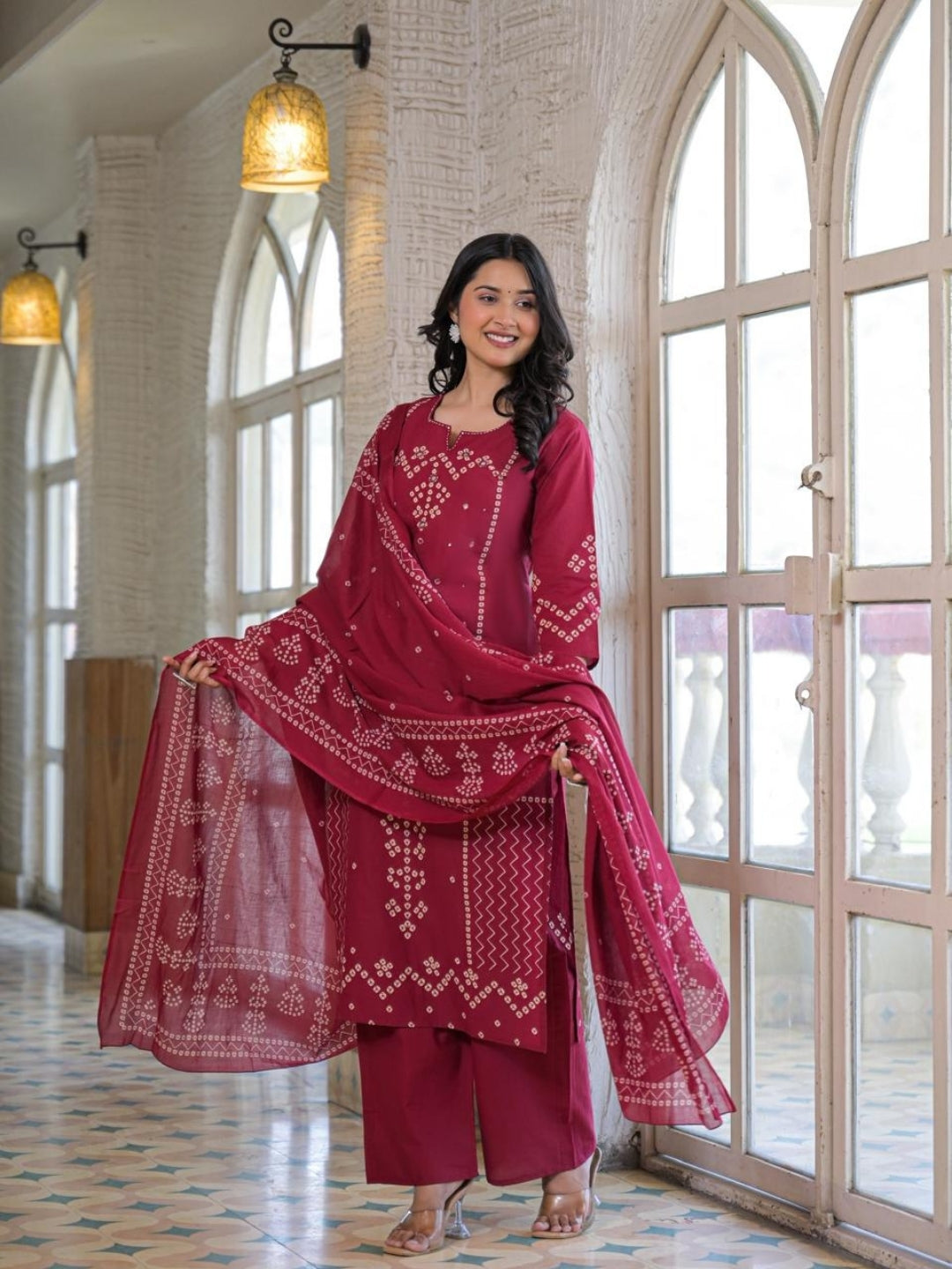Wine Red Cotton Panel Printed Kurta Set with Mirror Handwork and Dupatta