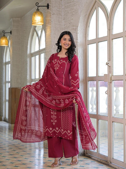 Wine Red Cotton Panel Printed Kurta Set with Mirror Handwork and Dupatta