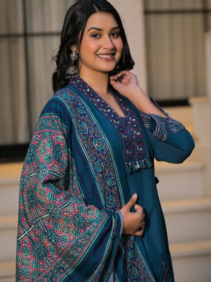 Deep Teal Blue Pure Cotton A-Line Kurta Set with Applique Work and Mirror Embroidery