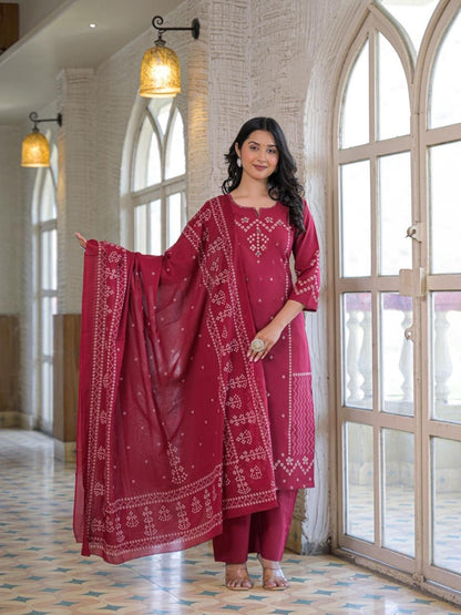 Wine Red Cotton Panel Printed Kurta Set with Mirror Handwork and Dupatta