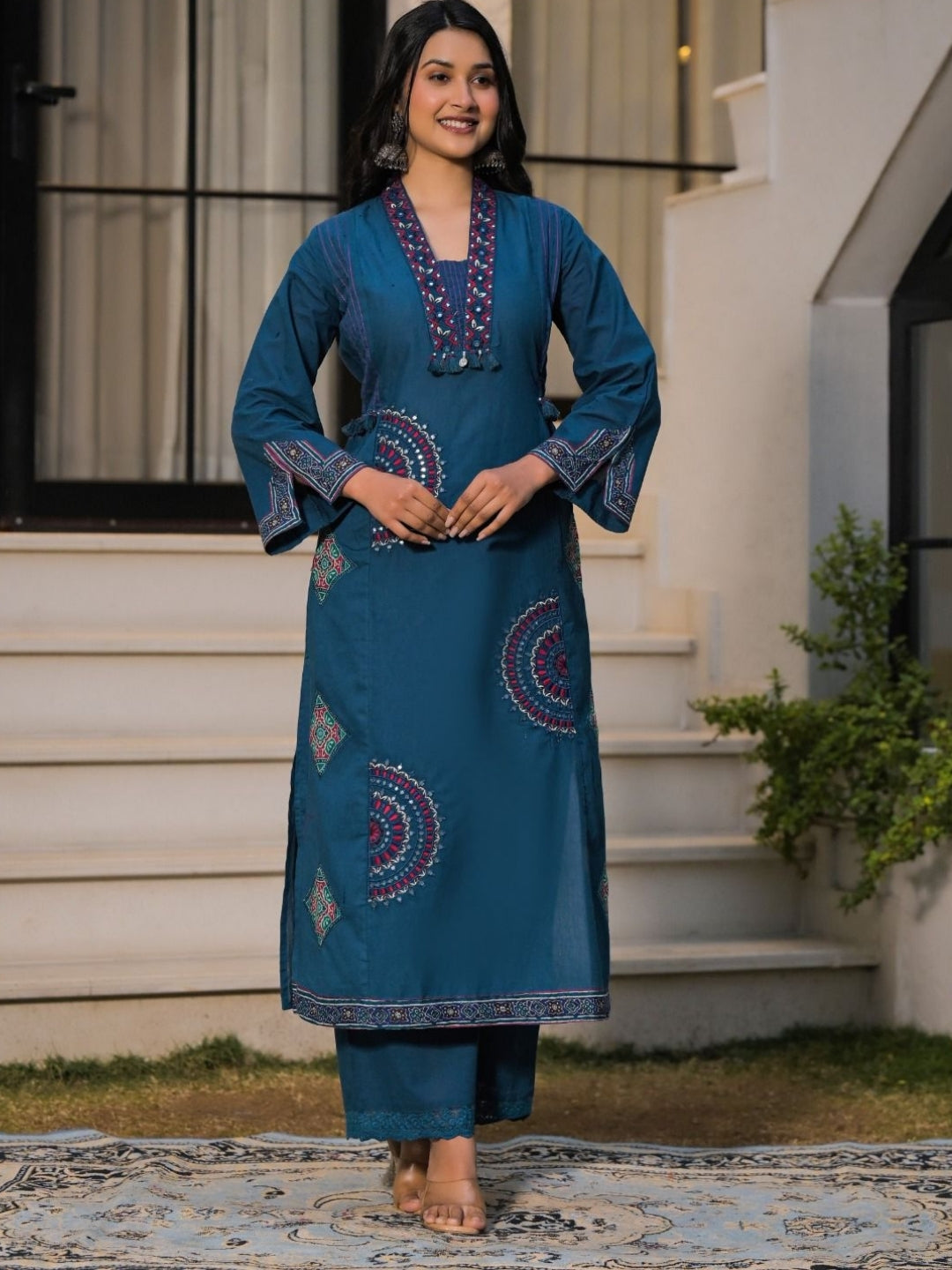 Deep Teal Blue Pure Cotton A-Line Kurta Set with Applique Work and Mirror Embroidery