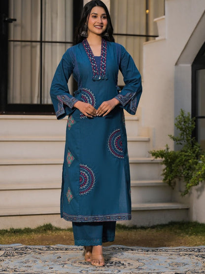 Deep Teal Blue Pure Cotton A-Line Kurta Set with Applique Work and Mirror Embroidery
