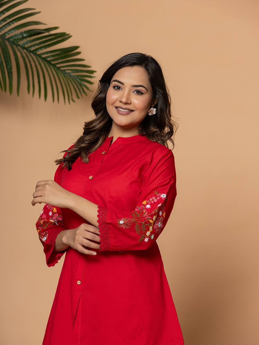 Rani Pink Pure Cotton Kurta Pant Set with Floral Embroidery