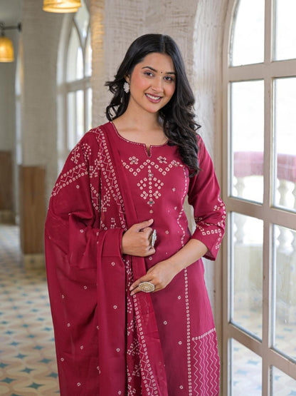 Wine Red Cotton Panel Printed Kurta Set with Mirror Handwork and Dupatta