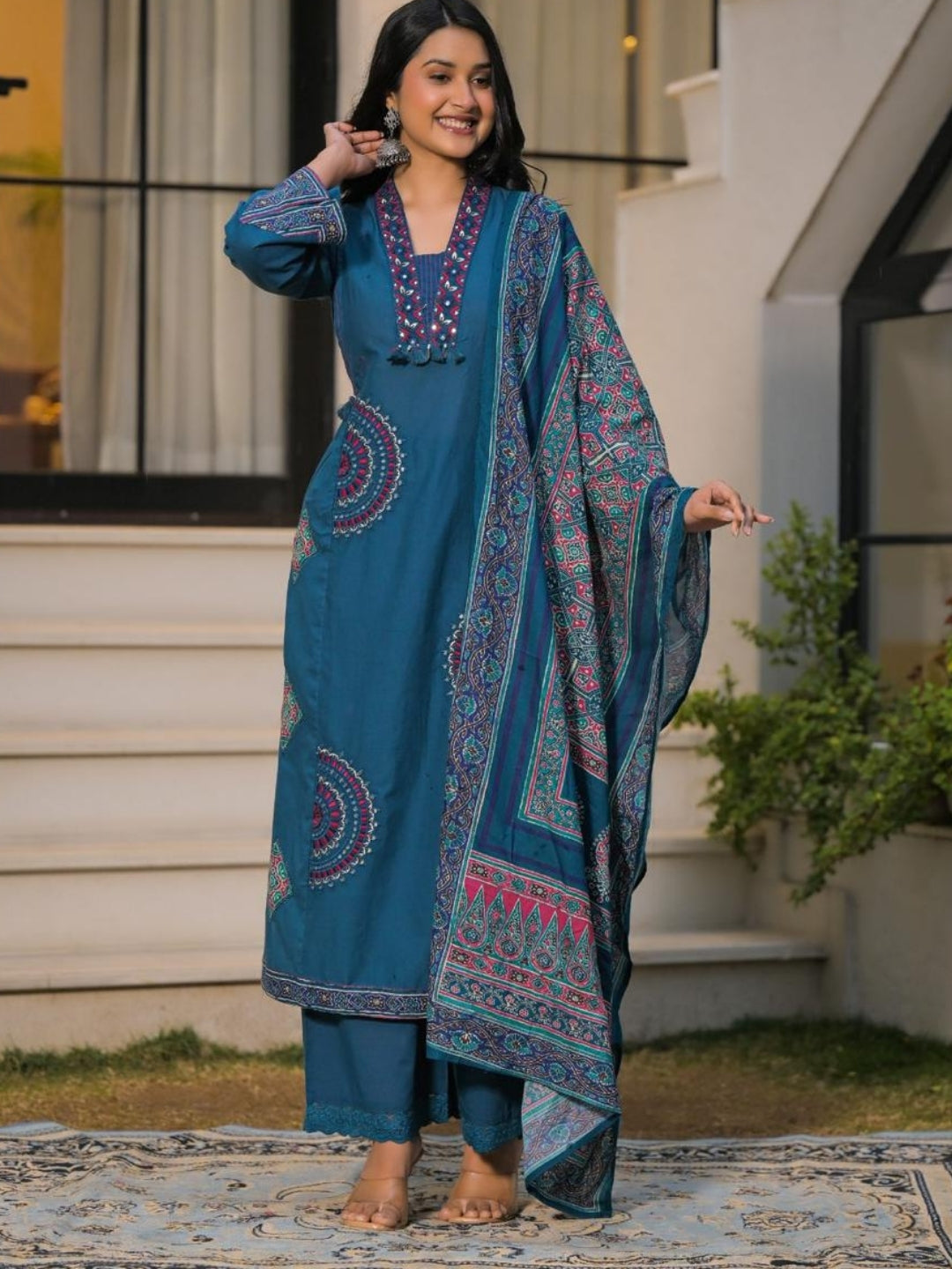 Deep Teal Blue Pure Cotton A-Line Kurta Set with Applique Work and Mirror Embroidery