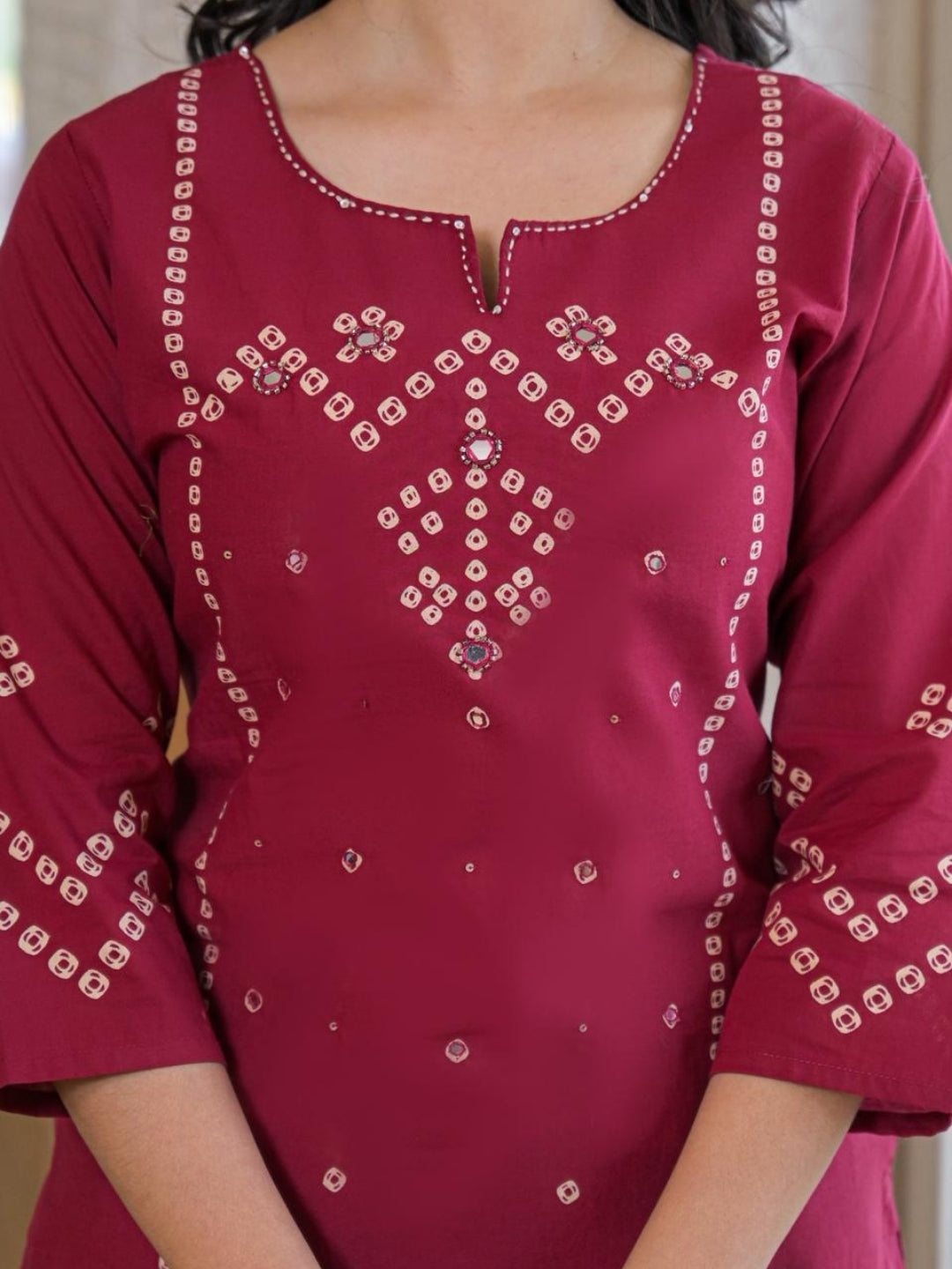Wine Red Cotton Panel Printed Kurta Set with Mirror Handwork and Dupatta