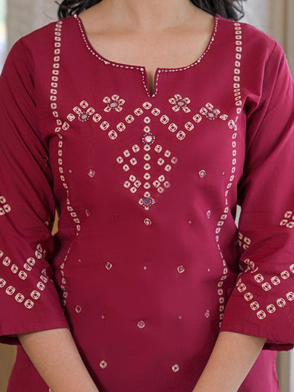 Wine Red Cotton Panel Printed Kurta Set with Mirror Handwork and Dupatta