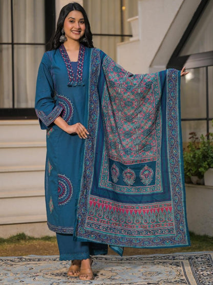 Deep Teal Blue Pure Cotton A-Line Kurta Set with Applique Work and Mirror Embroidery