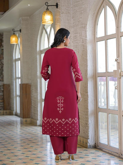 Wine Red Cotton Panel Printed Kurta Set with Mirror Handwork and Dupatta