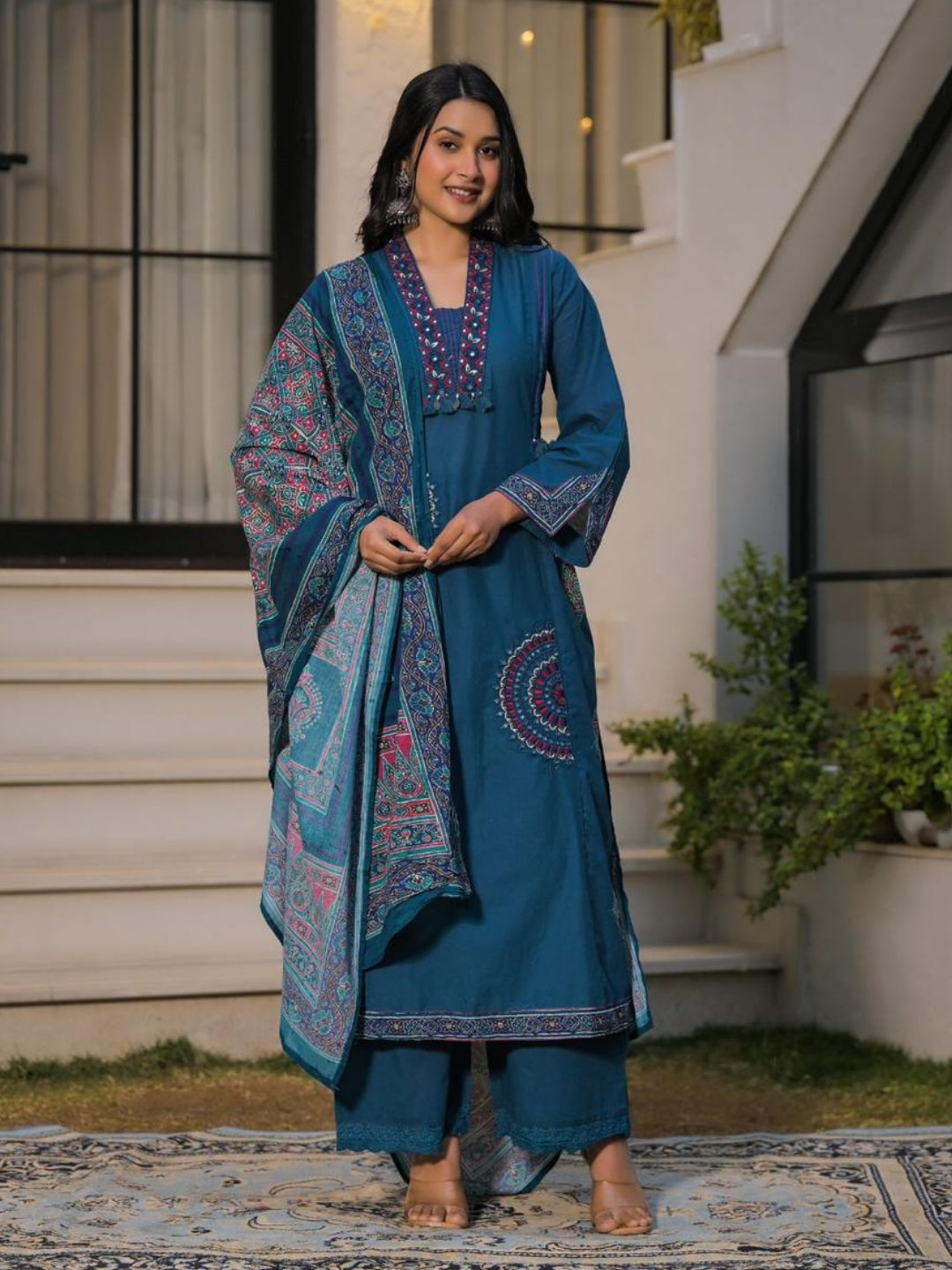Deep Teal Blue Pure Cotton A-Line Kurta Set with Applique Work and Mirror Embroidery