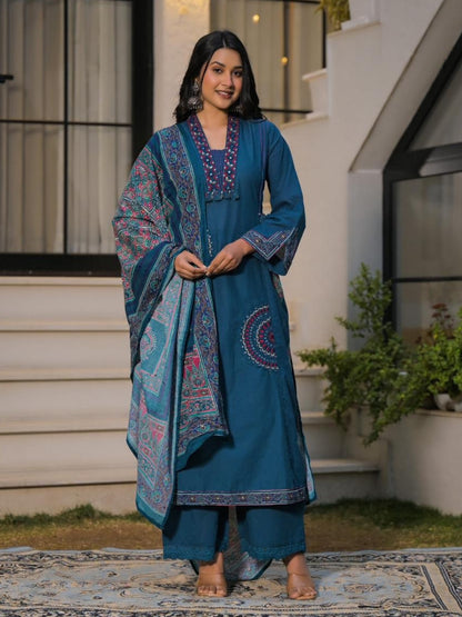 Deep Teal Blue Pure Cotton A-Line Kurta Set with Applique Work and Mirror Embroidery
