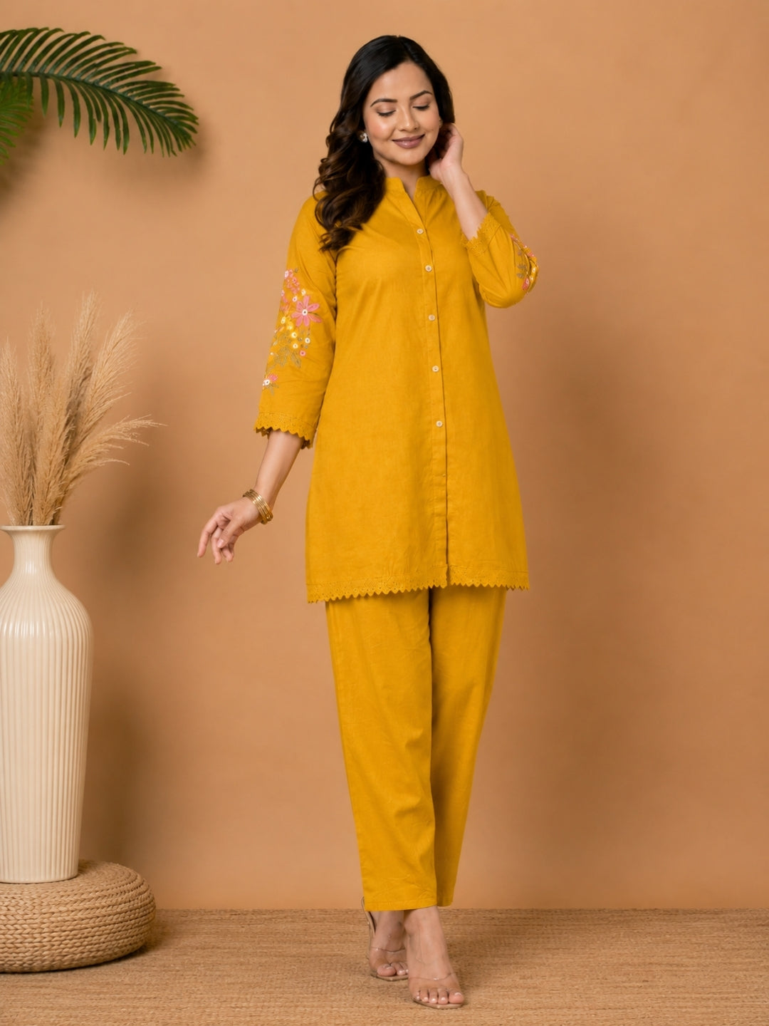 Mustard Pure Cotton Kurta Pant Set with Floral Embroidery