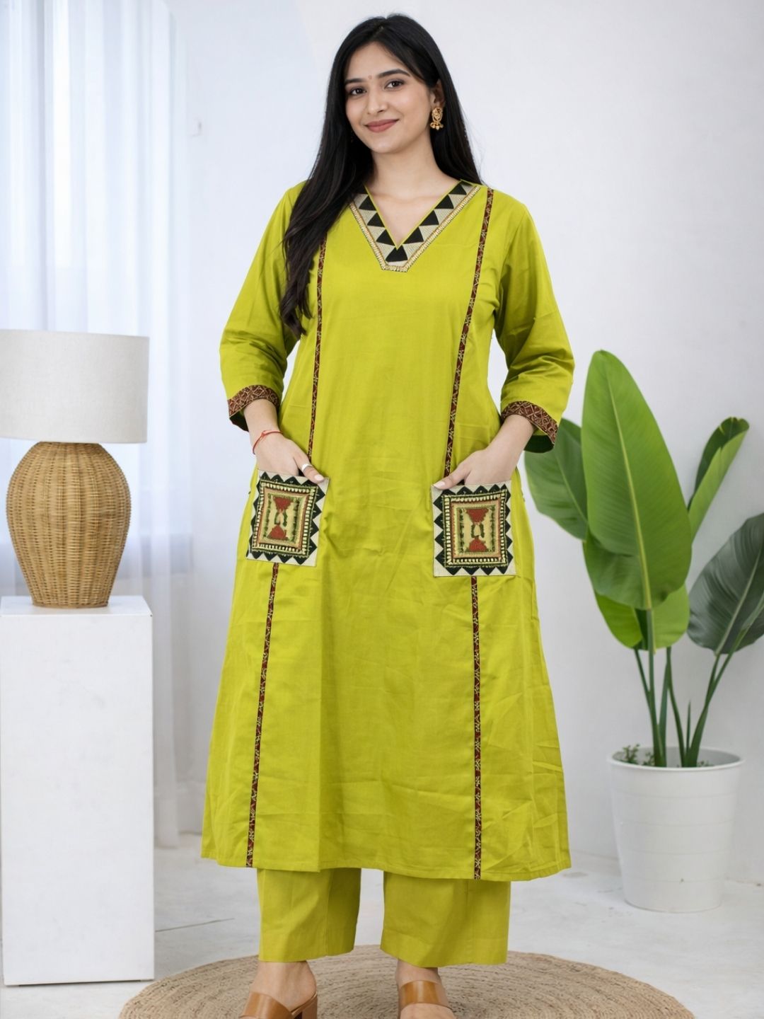 Lime Green Dabu Cotton A-Line Kurta Set with Embroidered Pockets