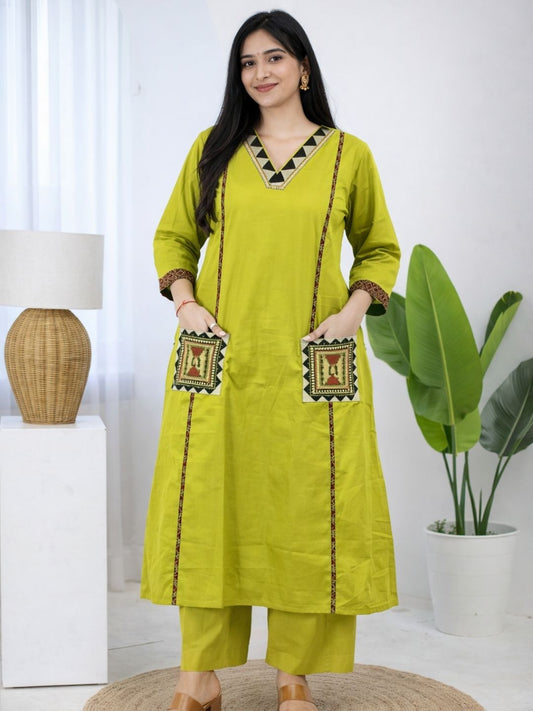 Lime Green Dabu Cotton A-Line Kurta Set with Embroidered Pockets
