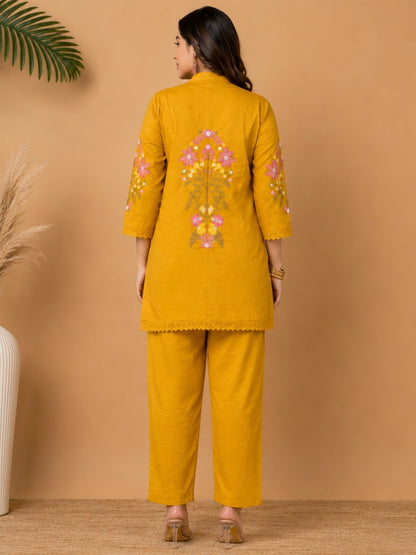 Mustard Pure Cotton Kurta Pant Set with Floral Embroidery