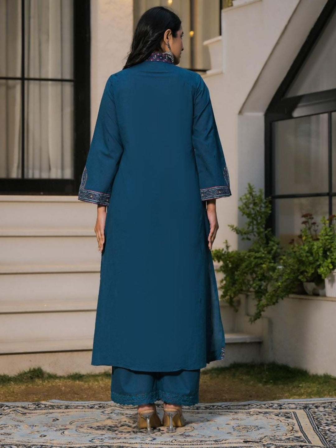 Deep Teal Blue Pure Cotton A-Line Kurta Set with Applique Work and Mirror Embroidery