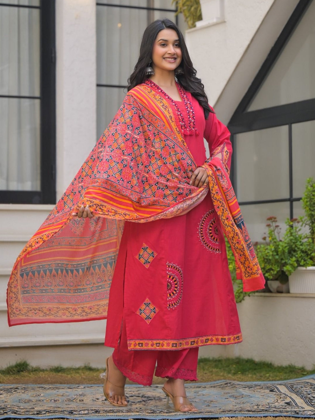 Deep Rose Pink Pure Cotton A-Line Kurta Set with Applique Work and Mirror Embroidery