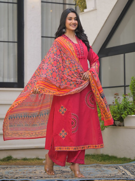 Deep Rose Pink Pure Cotton A-Line Kurta Set with Applique Work and Mirror Embroidery