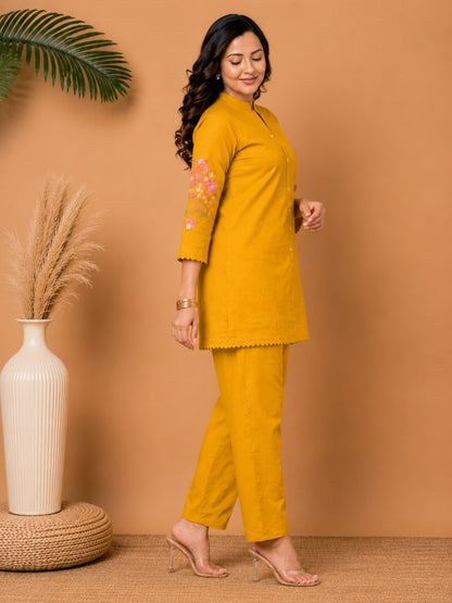 Mustard Pure Cotton Kurta Pant Set with Floral Embroidery