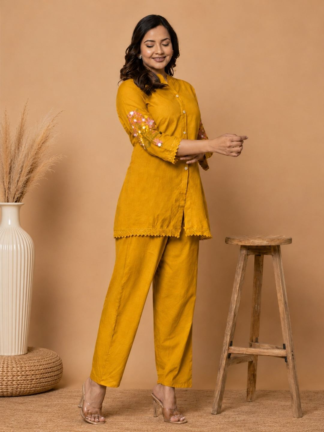 Mustard Pure Cotton Kurta Pant Set with Floral Embroidery