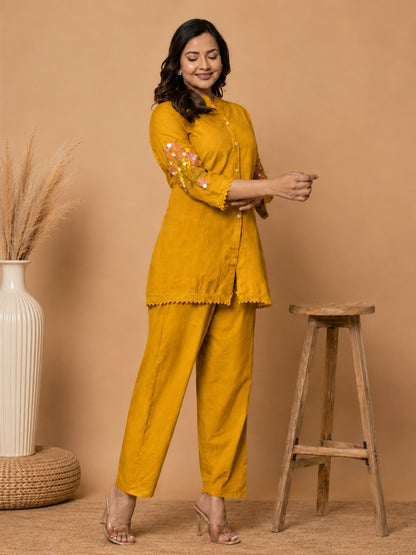 Mustard Pure Cotton Kurta Pant Set with Floral Embroidery