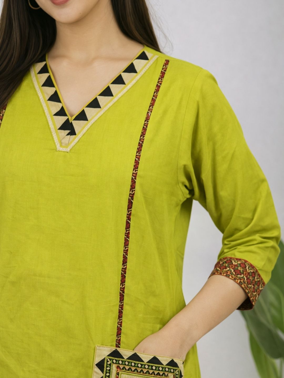 Lime Green Dabu Cotton A-Line Kurta Set with Embroidered Pockets